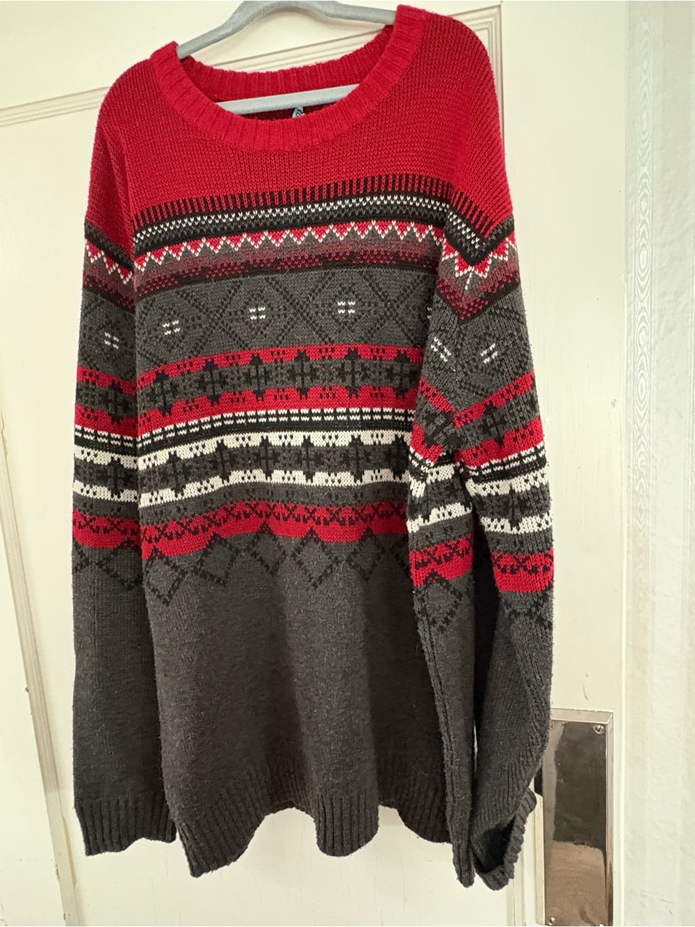 TRUE ROCK Red and Charcoal Fair Isle Crewneck Sweater